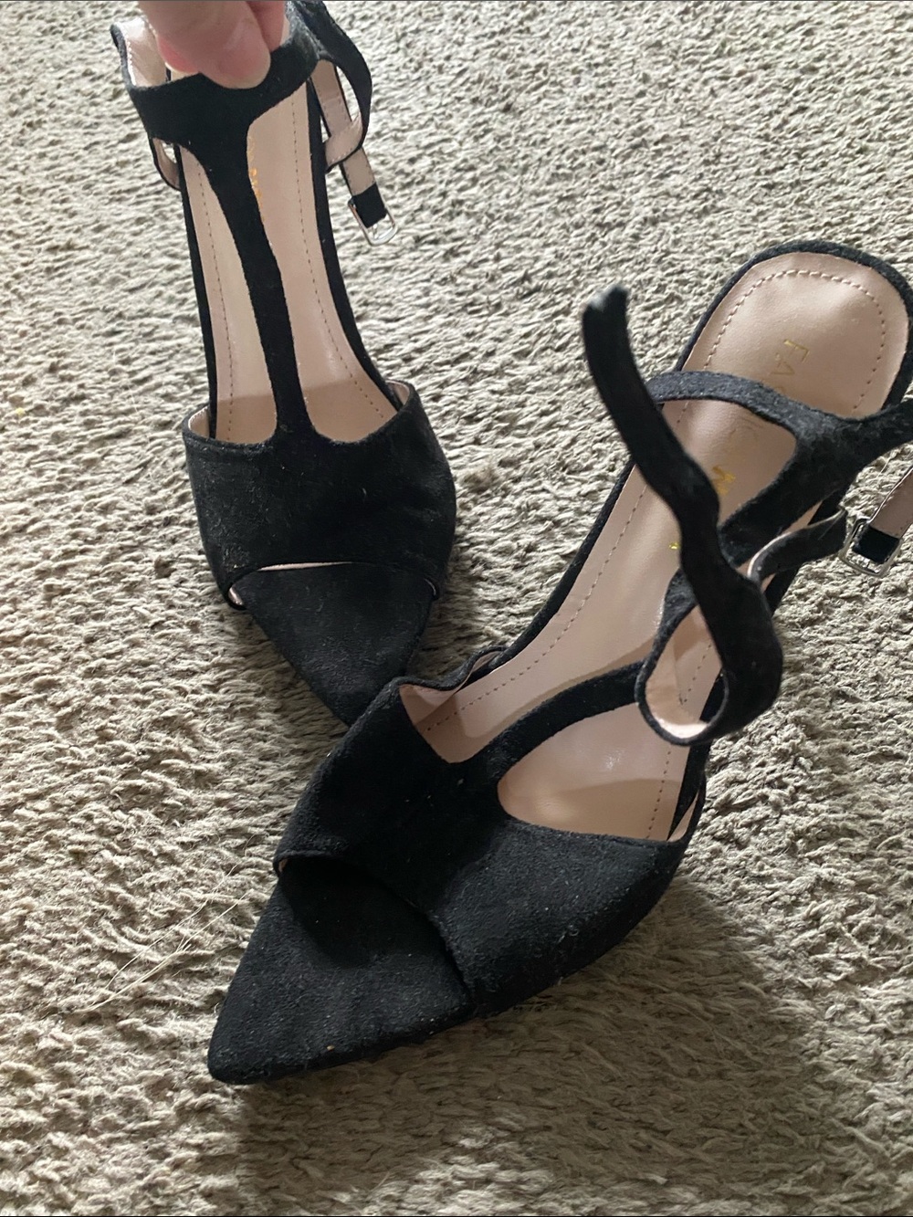 Fashion Nova Black Suede T-Strap Pointed Heels